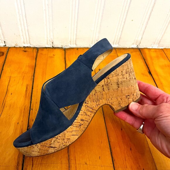 Clarks Artisan Navy Suede Open Toe Wedge Heel Sandals, Size 7 - Picture 1 of 10